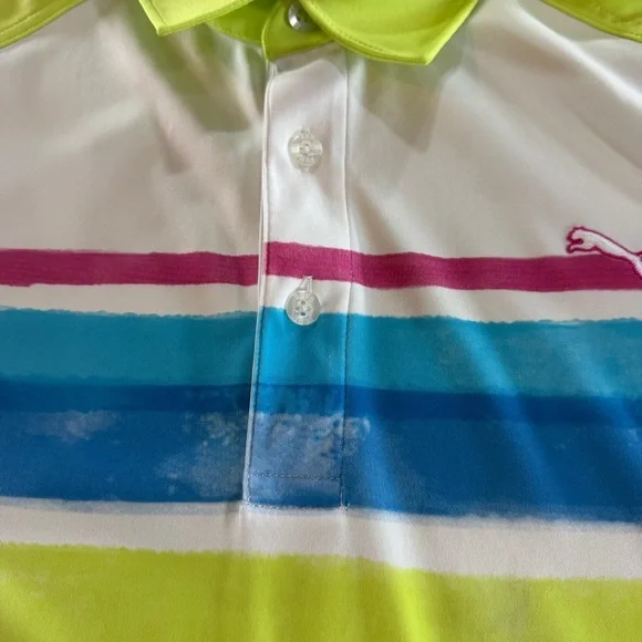 Puma Men's Short Green Blue Striped Dry Cell Button Shirt Sz M - Picture 4 of 12